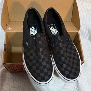 Vans Men's Black and Gray Checkered Slip-On Sneakers
